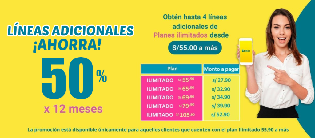 Si eres un cliente satisfecho con Bitel y  disfrutas de un plan mayor a 49.90, tenemos una super noticia para ti; pues Bitel ofrece una promoción exclusiva que te permite ahorrar aún más en tus servicios de telefonía móvil, con la posibilidad de obtener hasta 4 líneas adicionales, Bitel hace que compartir la conectividad con tus seres queridos sea más asequible que nunca. 